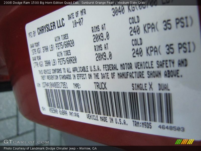 2008 Ram 1500 Big Horn Edition Quad Cab Sunburst Orange Pearl Color Code PV6