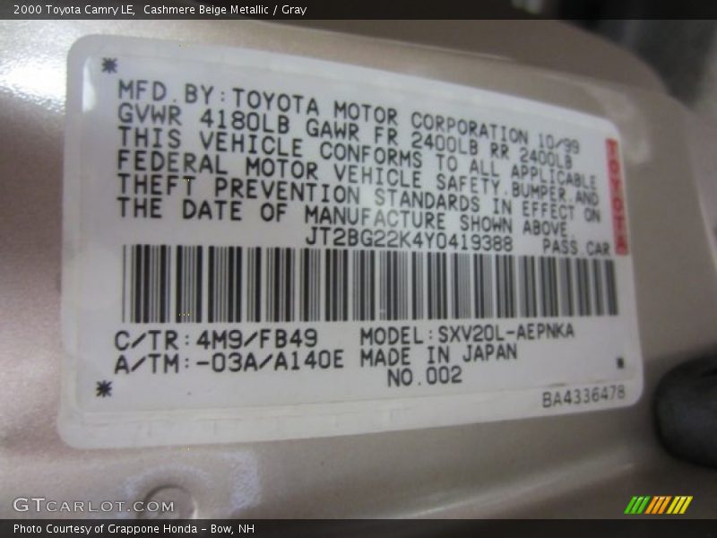 Cashmere Beige Metallic / Gray 2000 Toyota Camry LE