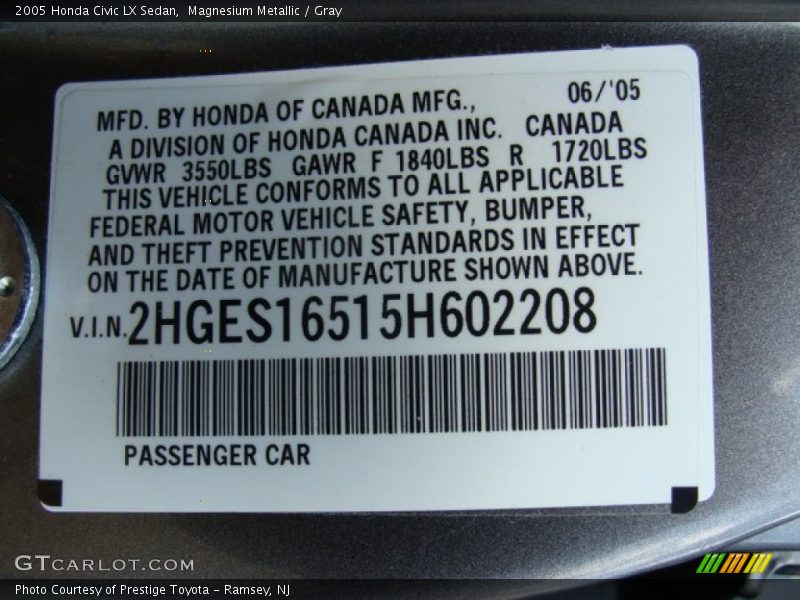 Magnesium Metallic / Gray 2005 Honda Civic LX Sedan