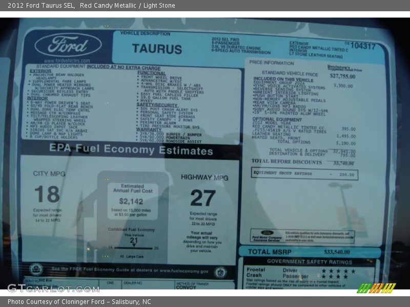  2012 Taurus SEL Window Sticker