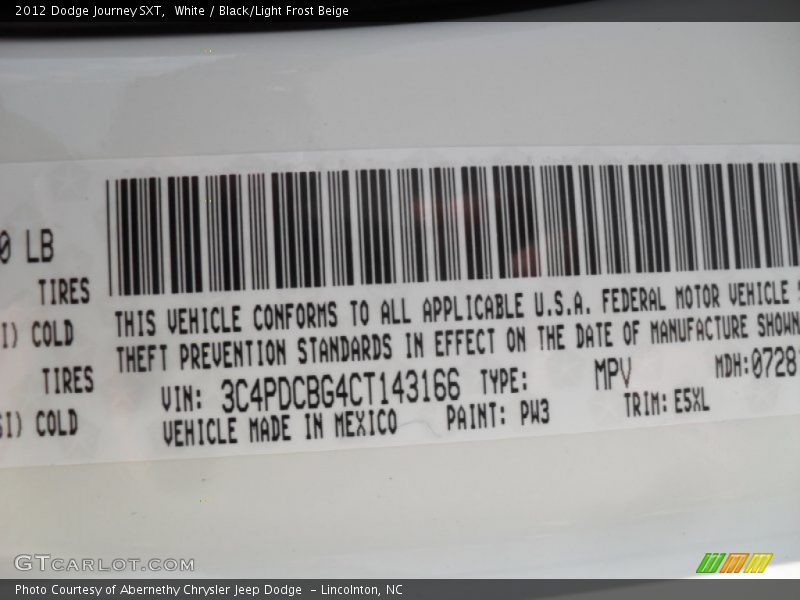 White / Black/Light Frost Beige 2012 Dodge Journey SXT