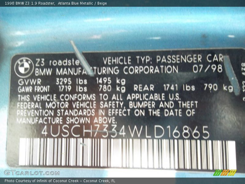 Info Tag of 1998 Z3 1.9 Roadster
