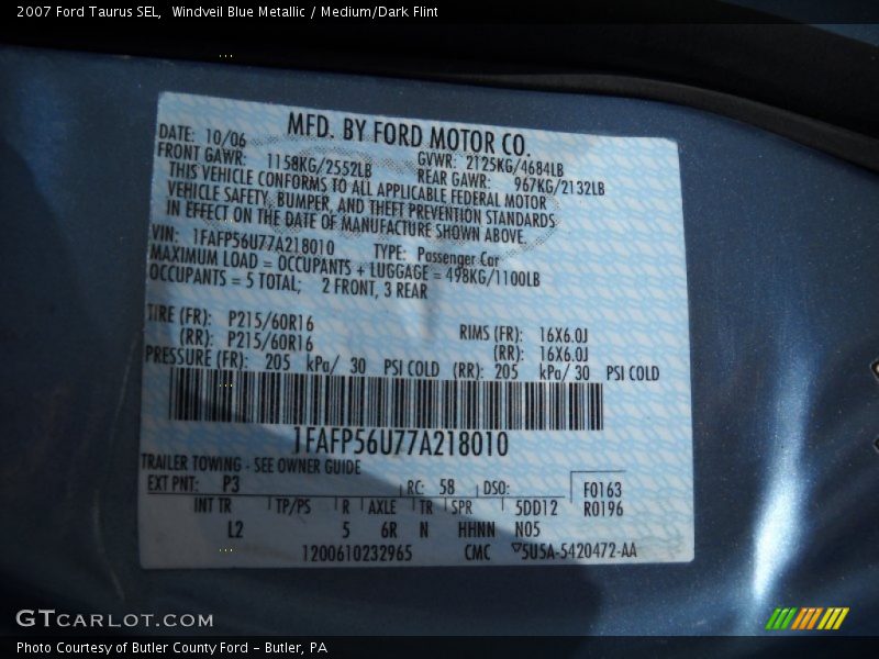 Windveil Blue Metallic / Medium/Dark Flint 2007 Ford Taurus SEL