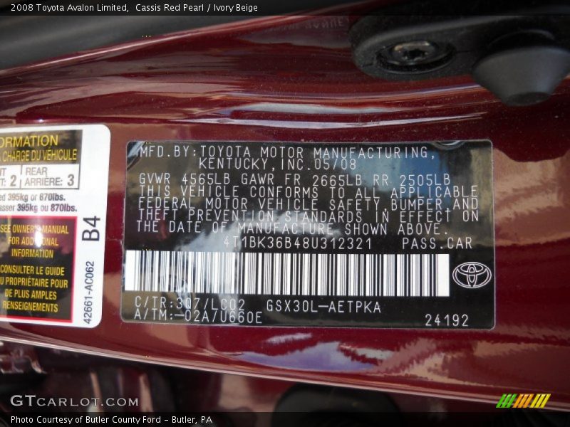 Cassis Red Pearl / Ivory Beige 2008 Toyota Avalon Limited