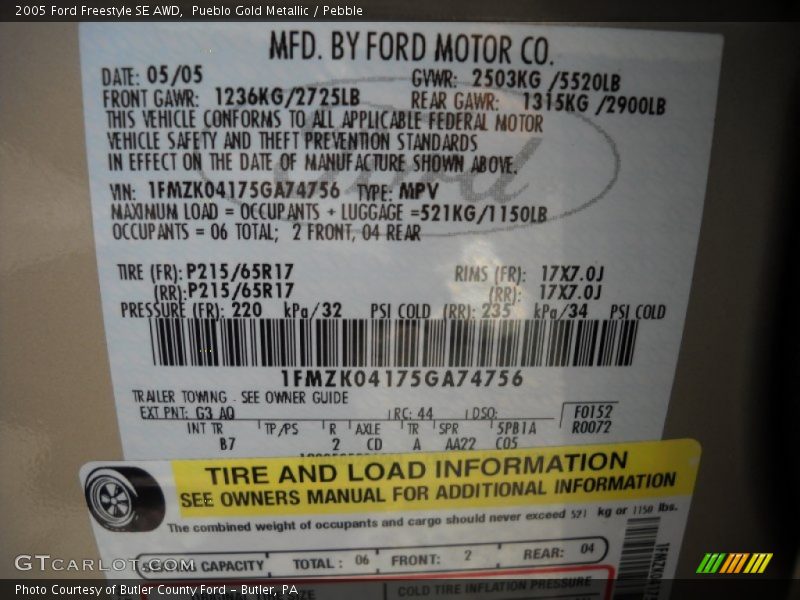 2005 Freestyle SE AWD Pueblo Gold Metallic Color Code G3