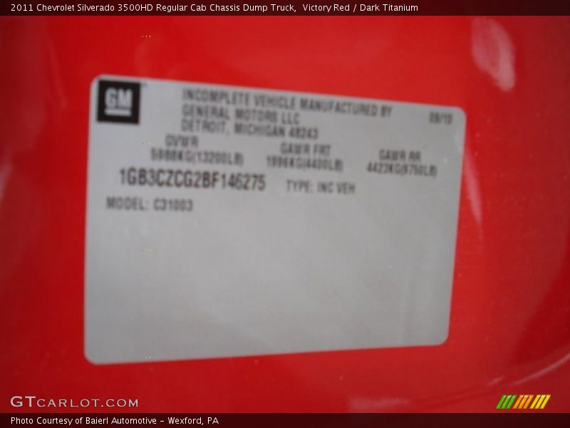 Victory Red / Dark Titanium 2011 Chevrolet Silverado 3500HD Regular Cab Chassis Dump Truck