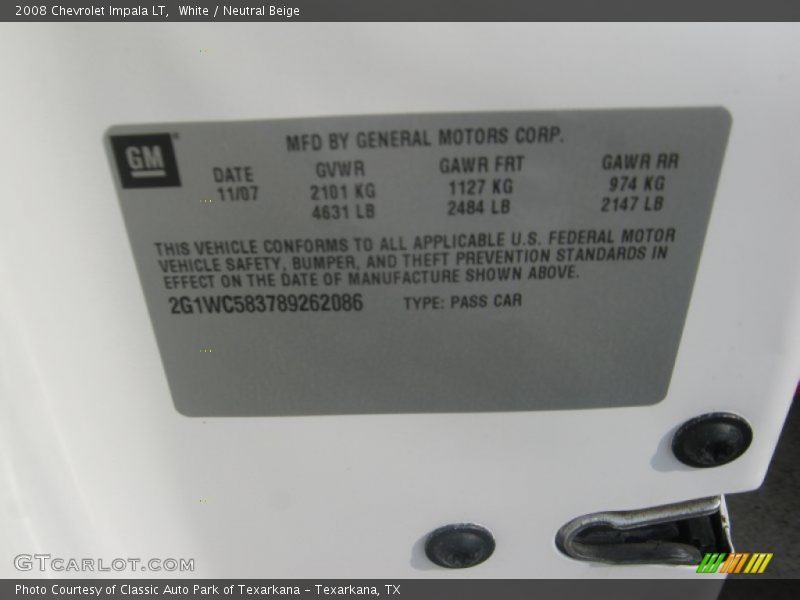 White / Neutral Beige 2008 Chevrolet Impala LT