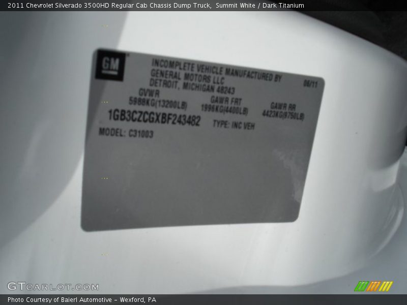 Summit White / Dark Titanium 2011 Chevrolet Silverado 3500HD Regular Cab Chassis Dump Truck