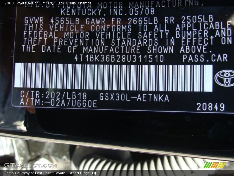 Black / Dark Charcoal 2008 Toyota Avalon Limited