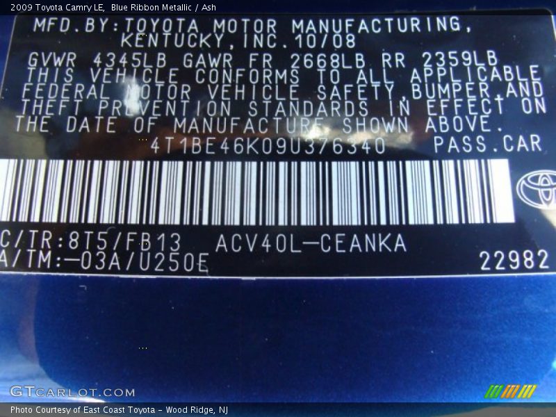Blue Ribbon Metallic / Ash 2009 Toyota Camry LE