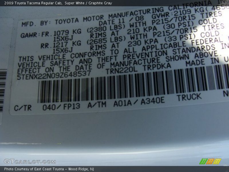 Super White / Graphite Gray 2009 Toyota Tacoma Regular Cab