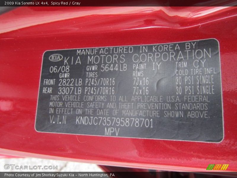 2009 Sorento LX 4x4 Spicy Red Color Code IY
