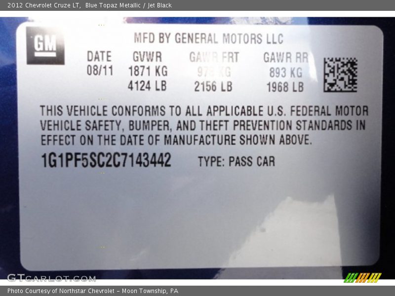 Blue Topaz Metallic / Jet Black 2012 Chevrolet Cruze LT