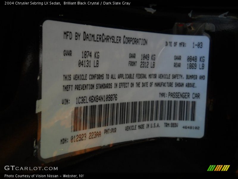 Brilliant Black Crystal / Dark Slate Gray 2004 Chrysler Sebring LX Sedan
