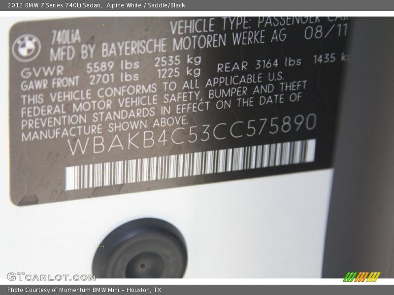 Alpine White / Saddle/Black 2012 BMW 7 Series 740Li Sedan