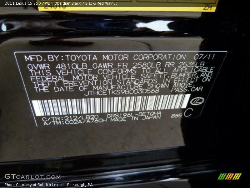 2011 GS 350 AWD Obsidian Black Color Code 212