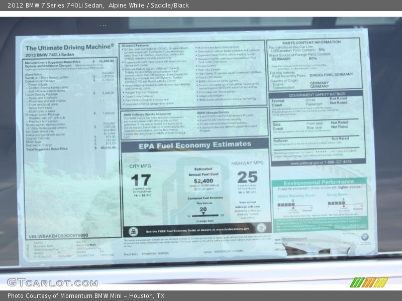  2012 7 Series 740Li Sedan Window Sticker