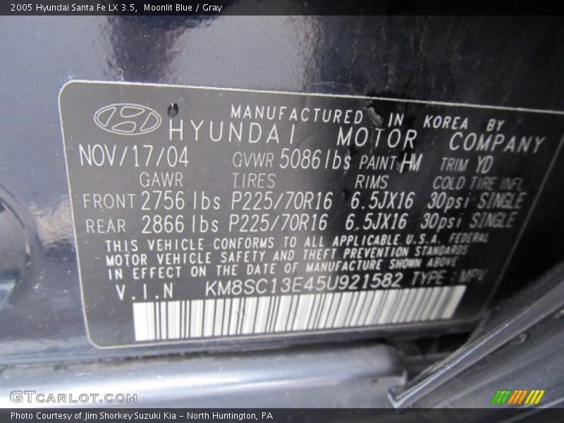 Moonlit Blue / Gray 2005 Hyundai Santa Fe LX 3.5