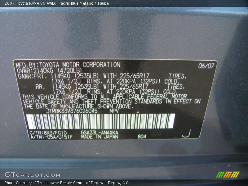 2007 RAV4 V6 4WD Pacific Blue Metallic Color Code 8R3