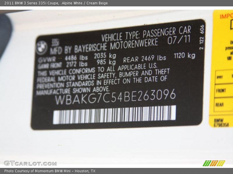 Alpine White / Cream Beige 2011 BMW 3 Series 335i Coupe