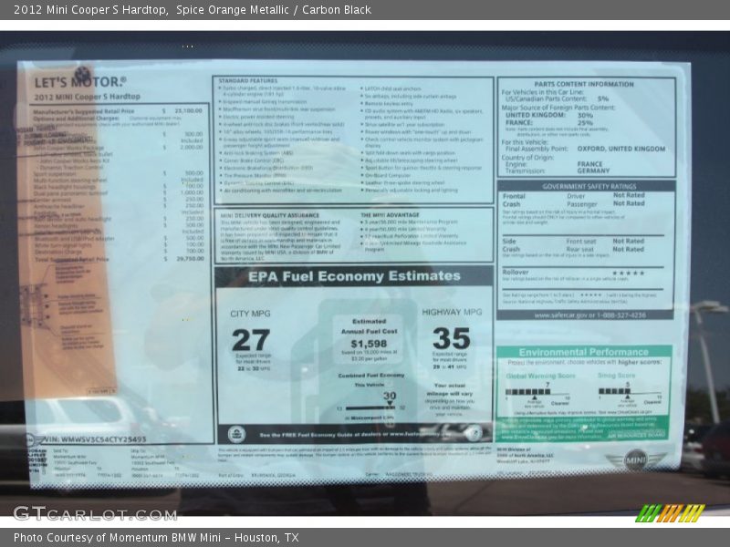 Spice Orange Metallic / Carbon Black 2012 Mini Cooper S Hardtop