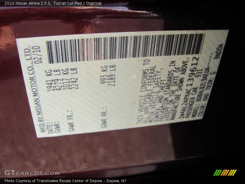 Tuscan Sun Red / Charcoal 2010 Nissan Altima 2.5 S