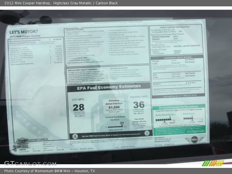  2012 Cooper Hardtop Window Sticker