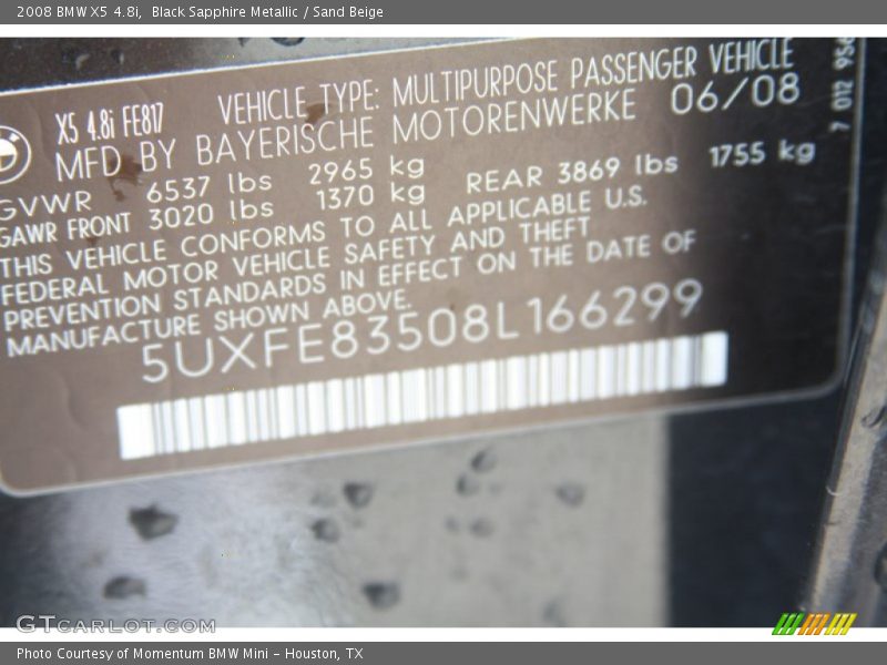 Black Sapphire Metallic / Sand Beige 2008 BMW X5 4.8i