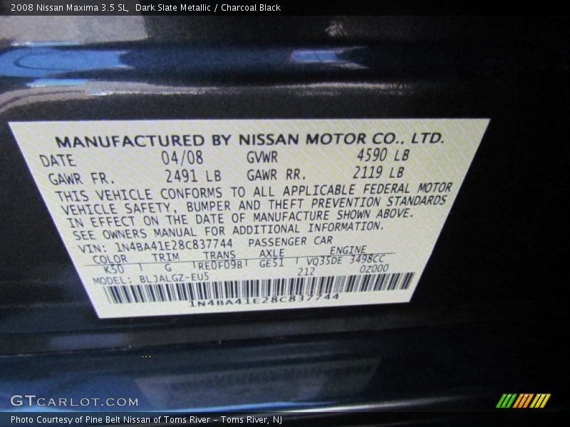 Dark Slate Metallic / Charcoal Black 2008 Nissan Maxima 3.5 SL