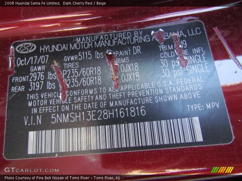 Dark Cherry Red / Beige 2008 Hyundai Santa Fe Limited