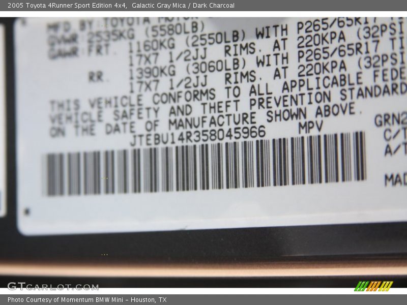 Galactic Gray Mica / Dark Charcoal 2005 Toyota 4Runner Sport Edition 4x4