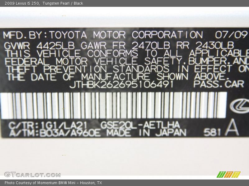 Tungsten Pearl / Black 2009 Lexus IS 250
