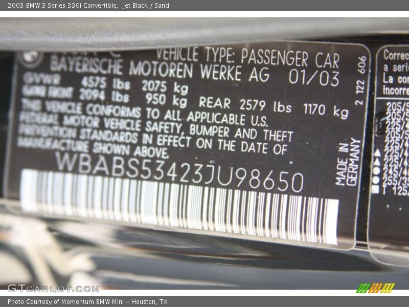 Jet Black / Sand 2003 BMW 3 Series 330i Convertible