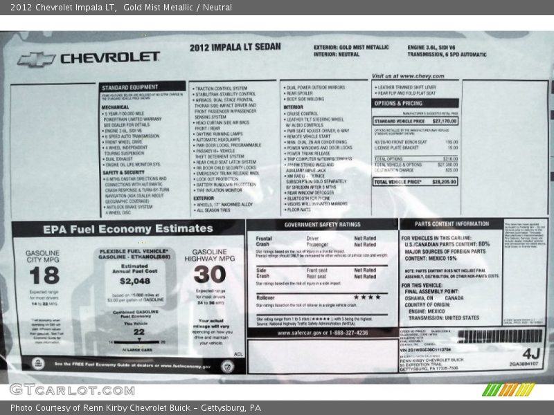  2012 Impala LT Window Sticker