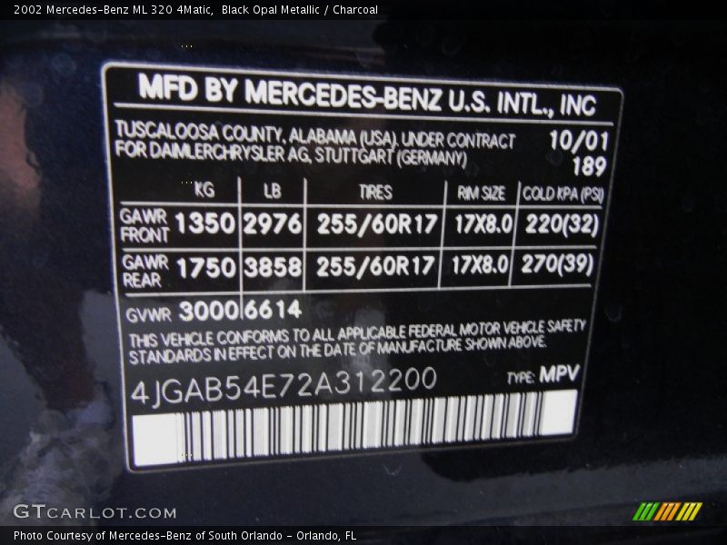 2002 ML 320 4Matic Black Opal Metallic Color Code 189