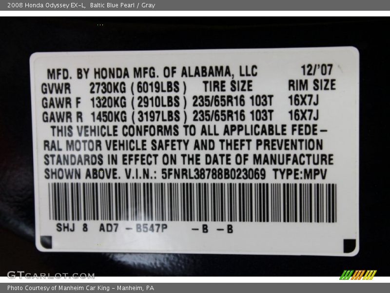 Baltic Blue Pearl / Gray 2008 Honda Odyssey EX-L