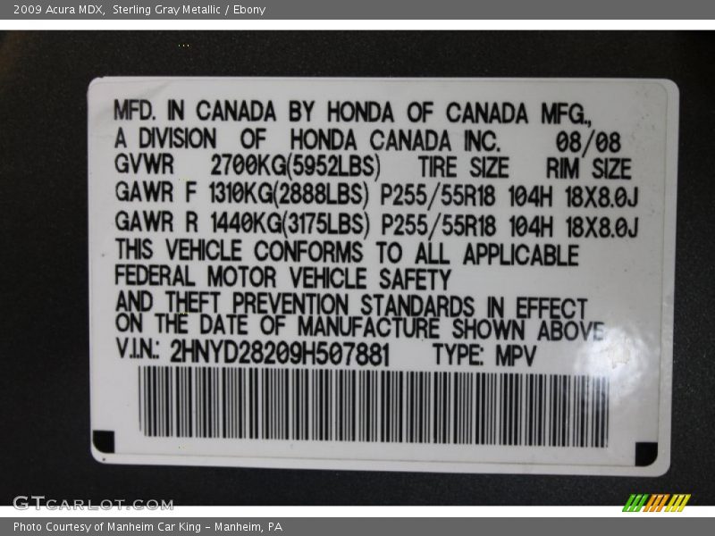 Sterling Gray Metallic / Ebony 2009 Acura MDX