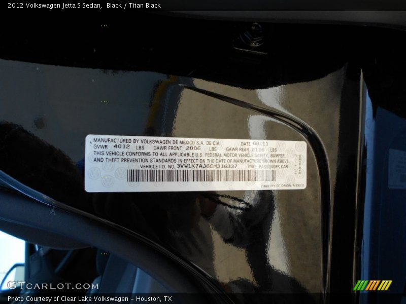 Black / Titan Black 2012 Volkswagen Jetta S Sedan