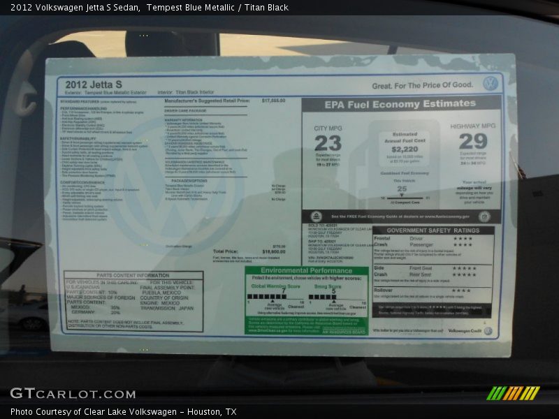  2012 Jetta S Sedan Window Sticker