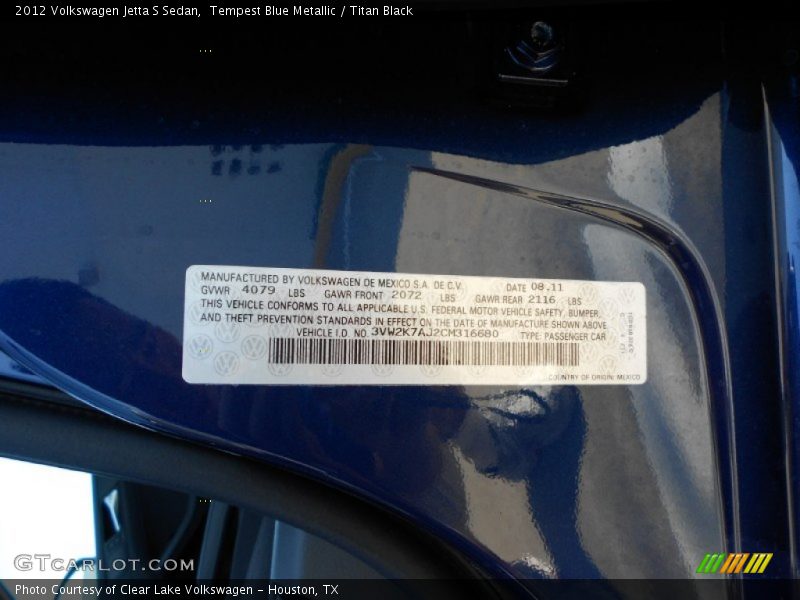 Tempest Blue Metallic / Titan Black 2012 Volkswagen Jetta S Sedan