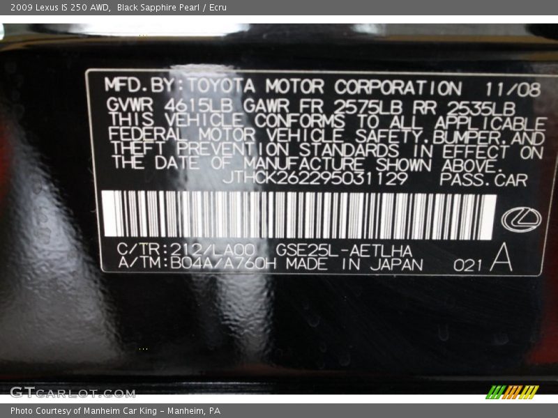 Black Sapphire Pearl / Ecru 2009 Lexus IS 250 AWD