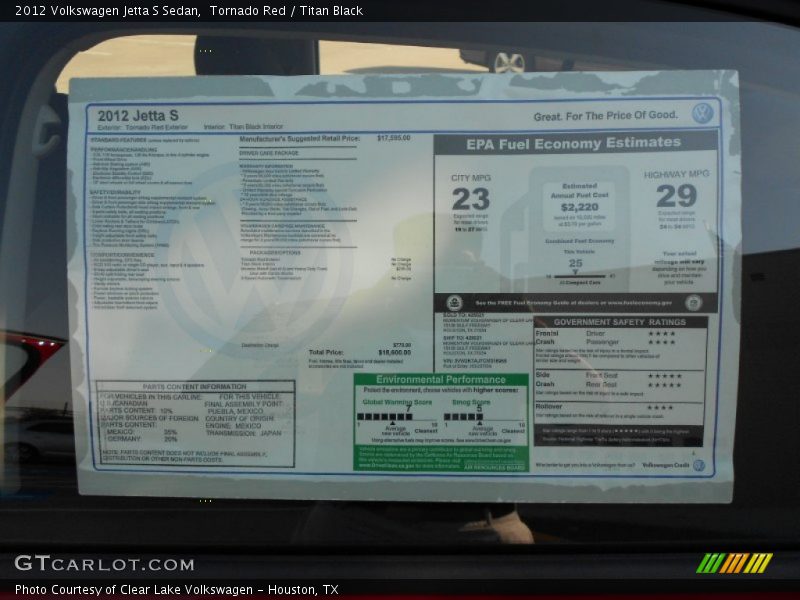 2012 Jetta S Sedan Window Sticker