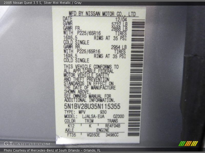 Silver Mist Metallic / Gray 2005 Nissan Quest 3.5 S