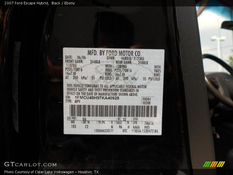 Black / Ebony 2007 Ford Escape Hybrid