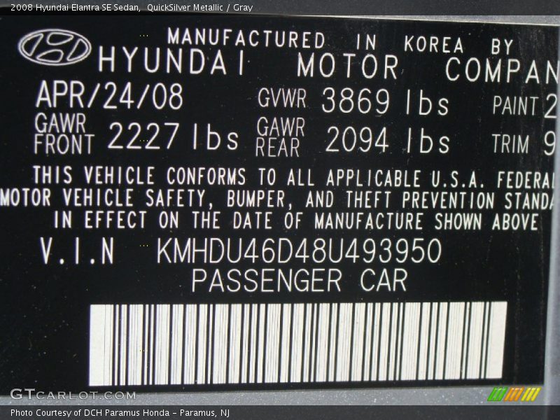 QuickSilver Metallic / Gray 2008 Hyundai Elantra SE Sedan