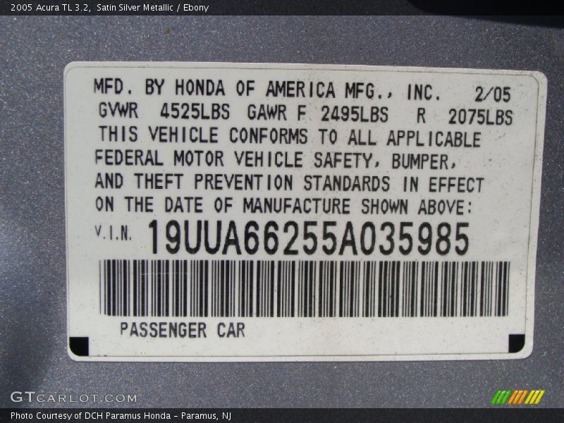 Satin Silver Metallic / Ebony 2005 Acura TL 3.2