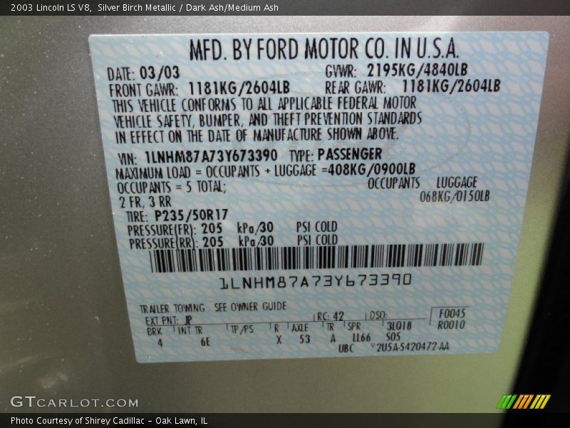 Silver Birch Metallic / Dark Ash/Medium Ash 2003 Lincoln LS V8