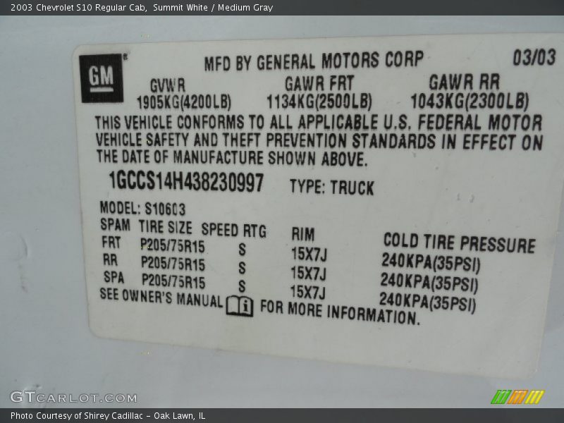 Summit White / Medium Gray 2003 Chevrolet S10 Regular Cab