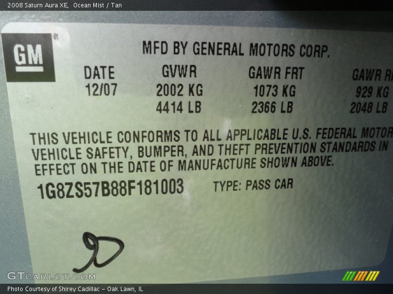 Ocean Mist / Tan 2008 Saturn Aura XE