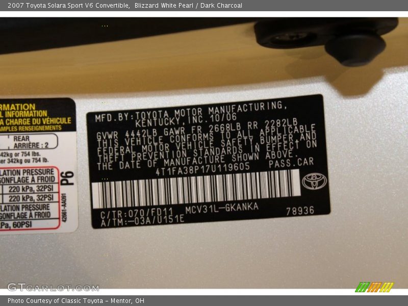 Blizzard White Pearl / Dark Charcoal 2007 Toyota Solara Sport V6 Convertible